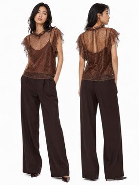 Zara Brown Sheer Lace Metallic Short Sleeve Top